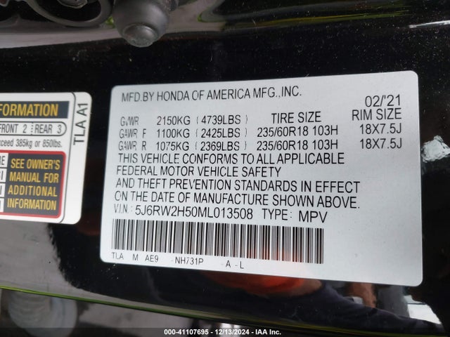 Honda Cr-v Awd Ex 2021 5J6RW2H50ML013508 Image 9