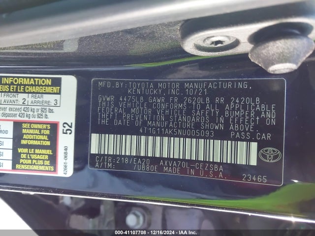 4T1G11AK5NU005093 Toyota CAMRY SE
