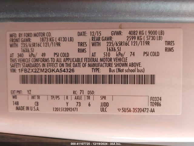1FBZX2ZM2GKA54326 Ford Transit-350 Xlt