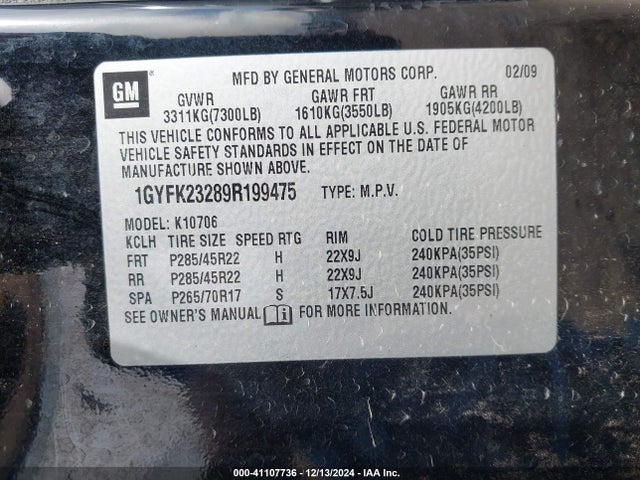 2009 CADILLAC ESCALADE 1GYFK23289R199475 Photo 8
