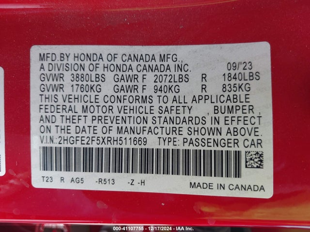 Honda Civic Sport 2024 2HGFE2F5XRH511669 Image 9
