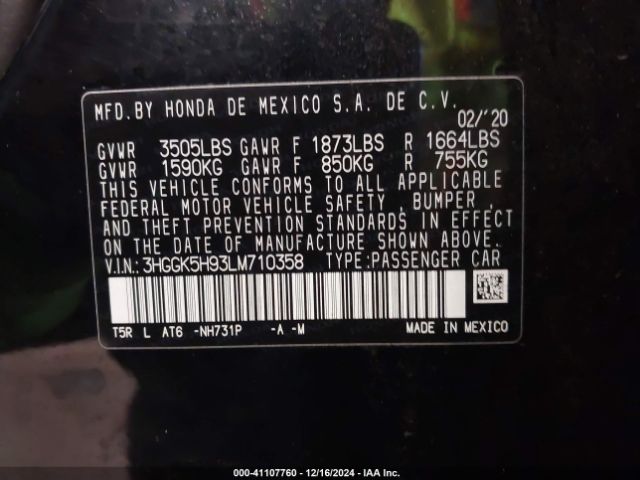 3HGGK5H93LM710358 Honda Fit Ex-l