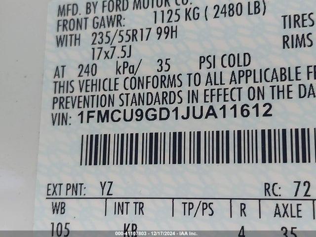 Ford ESCAPE SE 2018 1FMCU9GD1JUA11612 Image 9