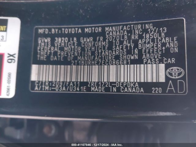 2T1BURHE7EC086681 Toyota COROLLA L