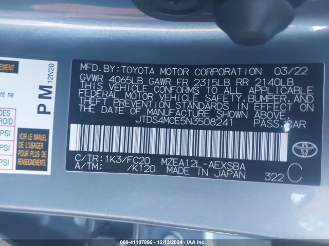 Toyota COROLLA SE 2022 JTDS4MCE5N3508241 Image 9