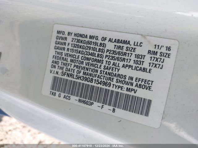 5FNRL5H39GB154969 Honda ODYSSEY SE