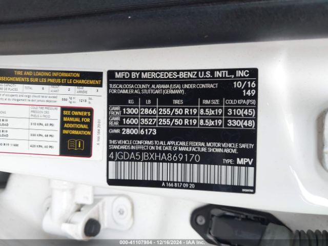 4JGDA5JBXHA869170 Mercedes-Benz GLE 350