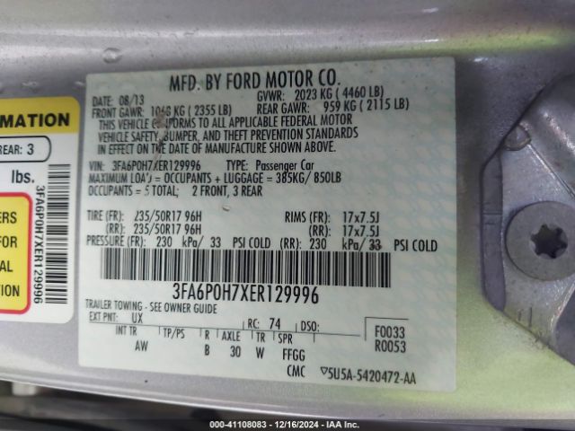 3FA6P0H7XER129996 Ford FUSION SE