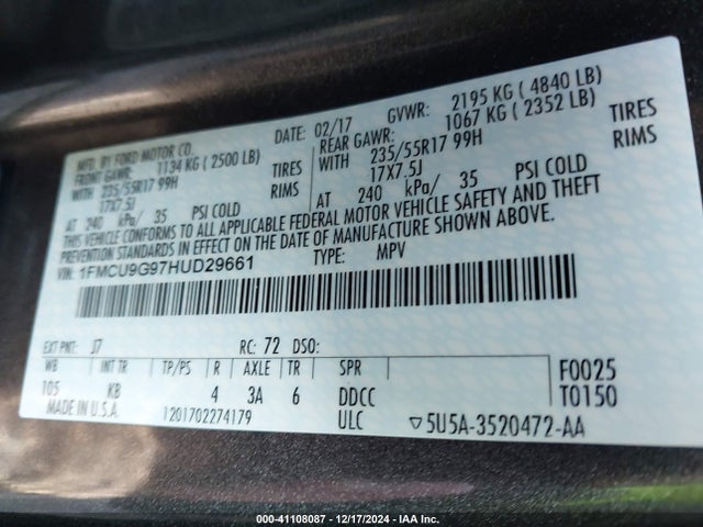Ford ESCAPE SE 2017 1FMCU9G97HUD29661 Image 9