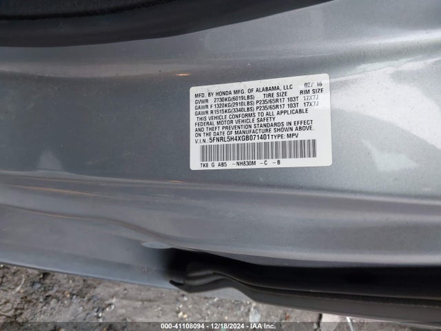 Honda ODYSSEY EX 2016 5FNRL5H4XGB071401 Image 9