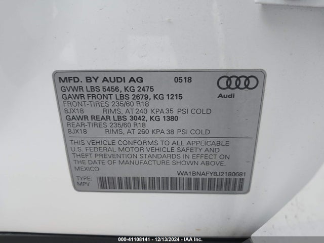 WA1BNAFY8J2180681 Audi Q5 2.0t Premium/2.0t Tech Premium