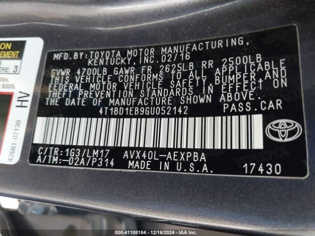 4T1BD1EB9GU052142 Toyota Avalon Hybrid Limited