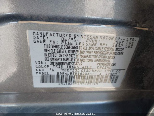 3N1AB8BV5MY304719 Nissan Sentra S Xtronic Cvt
