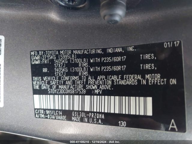 5TDYZ3DC0HS817539 Toyota Sienna Xle/limited