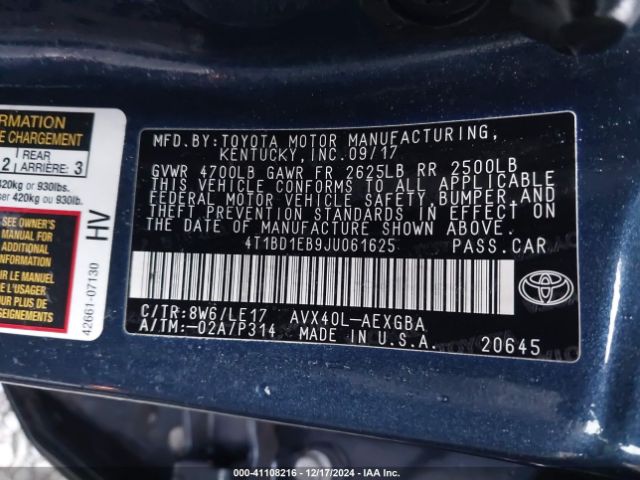 4T1BD1EB9JU061625 Toyota Avalon Hybrid Xle Premium