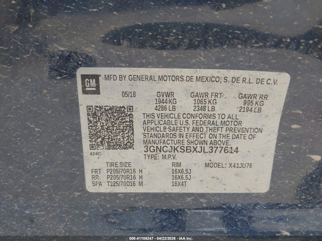 Aukcja sprzedaży 2018 Chevrolet Trax Ls, vin: 3GNCJKSBXJL377614, numer aukcji: 41108247