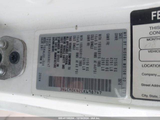 3N6CM0KN2EK698747 Nissan Nv200 S/sv