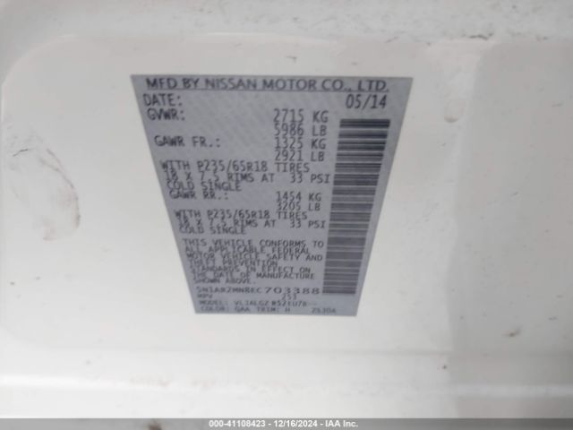 5N1AR2MN8EC703388 Nissan Pathfinder Sl