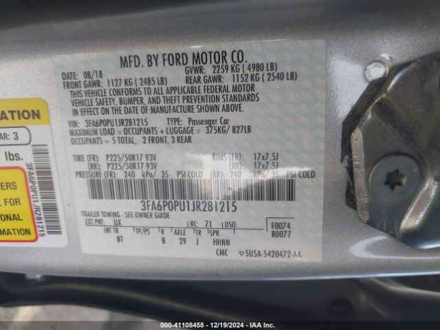 3FA6P0PU1JR281215 Ford Fusion Energi Se Luxury