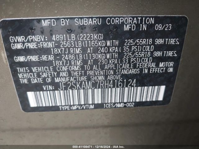 JF2SKAMC7RH416124 Subaru Forester Touring