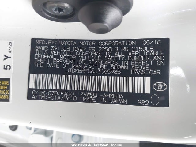 JTDKBRFU6J3065985 Toyota Prius Two