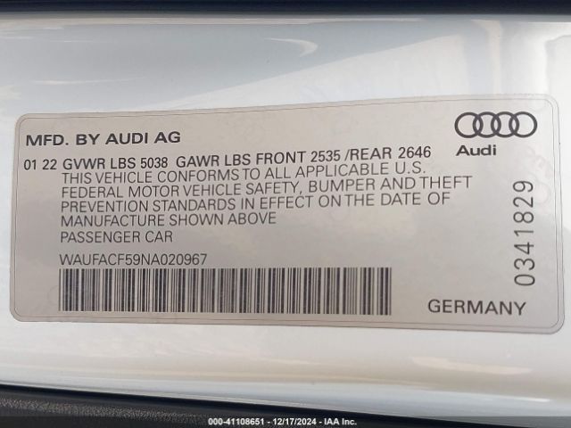WAUFACF59NA020967 Audi A5 Sportback Premium Plus 45 Tfsi S Line Quattro S Tronic