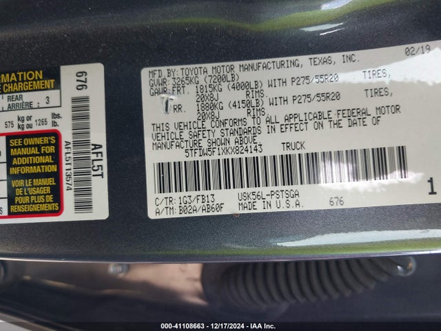 5TFDW5F1XKX824143 Toyota Tundra Sr5 5.7l V8