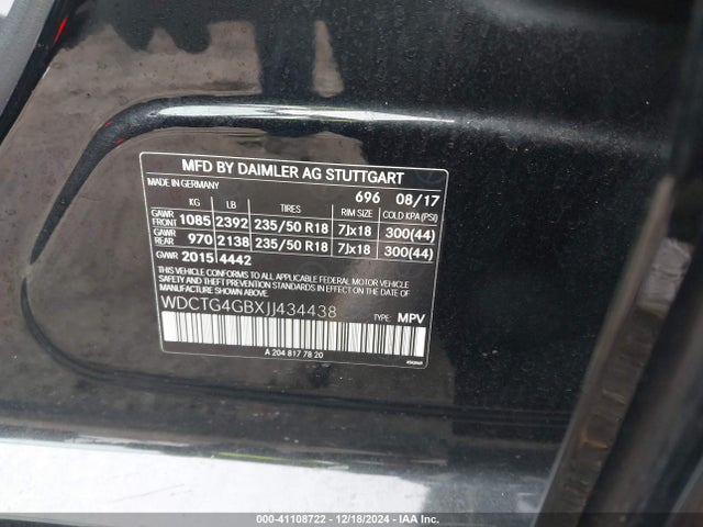 WDCTG4GBXJJ434438 Mercedes-Benz Gla 250 4matic