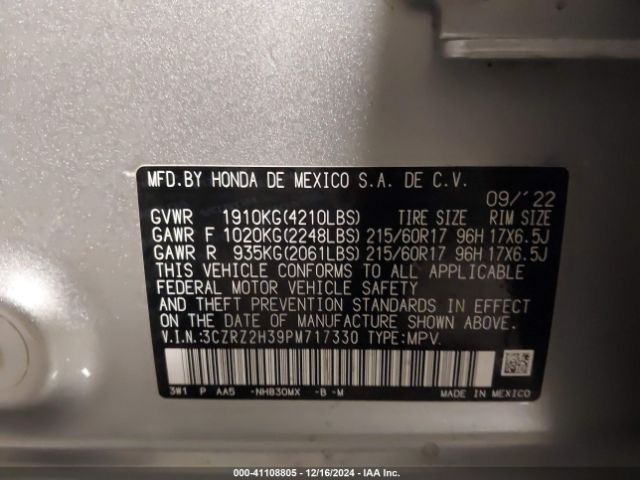 3CZRZ2H39PM717330 Honda Hr-v Awd Lx
