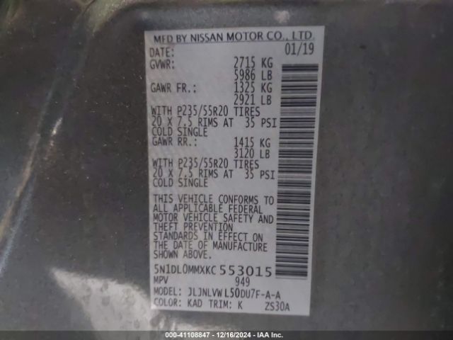 5N1DL0MMXKC553015 Infiniti QX60 LUXE