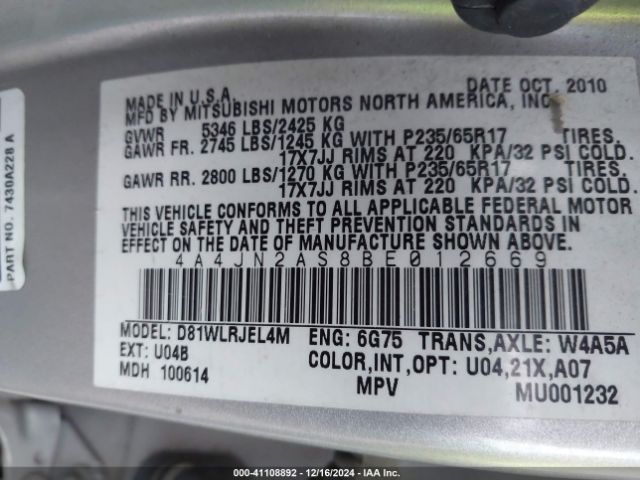 2011 MITSUBISHI ENDEAVOR 4A4JN2AS8BE012669 Photo 8