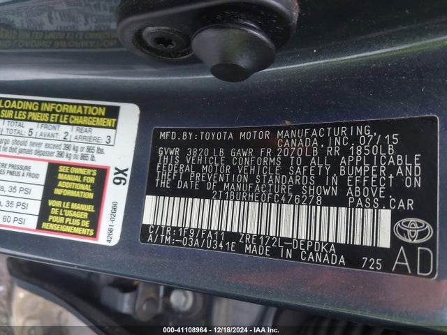 Toyota COROLLA L 2015 2T1BURHE0FC476278 Image 9