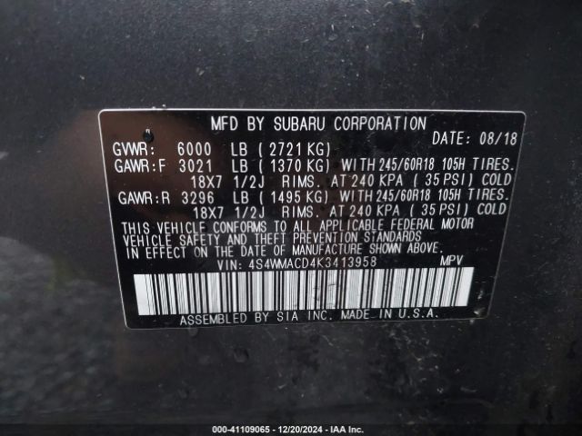 4S4WMACD4K3413958 Subaru Ascent Premium