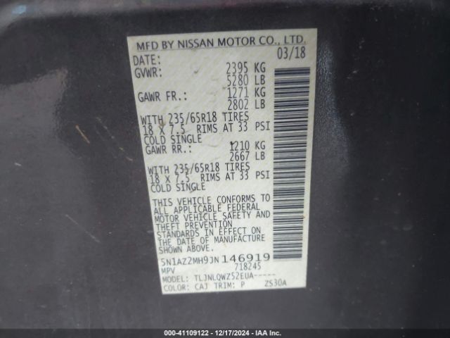 5N1AZ2MH9JN146919 Nissan MURANO SV