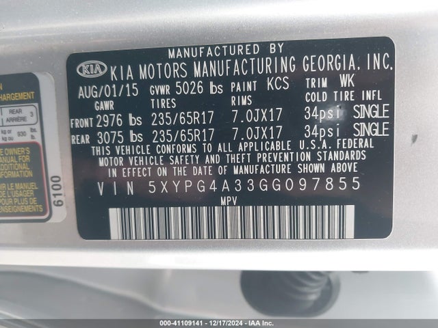 KIA Sorento 2.4l Lx 2016 5XYPG4A33GG097855 Image 9
