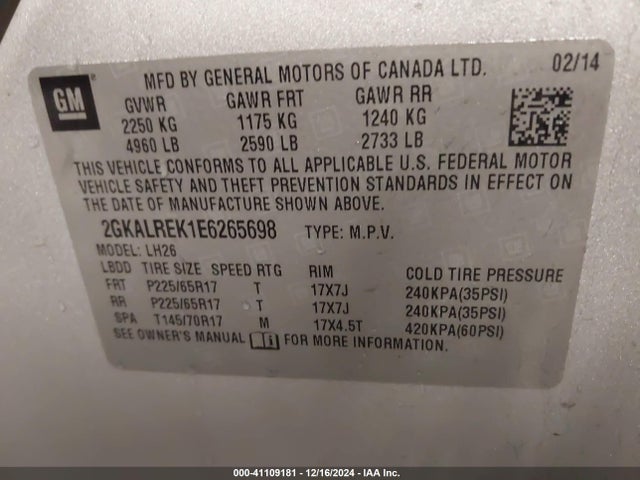 GMC Terrain Sle-2 2014 2GKALREK1E6265698 Image 9