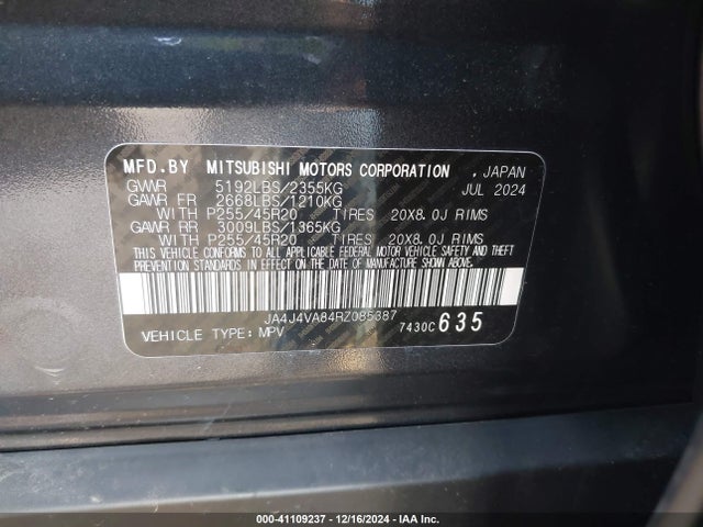 JA4J4VA84RZ085387 Mitsubishi Outlander Se 2.5 S-awc/se Black Edition S-awc/se Black Edition W/pano Roof S-awc/se Ralliart S-awc