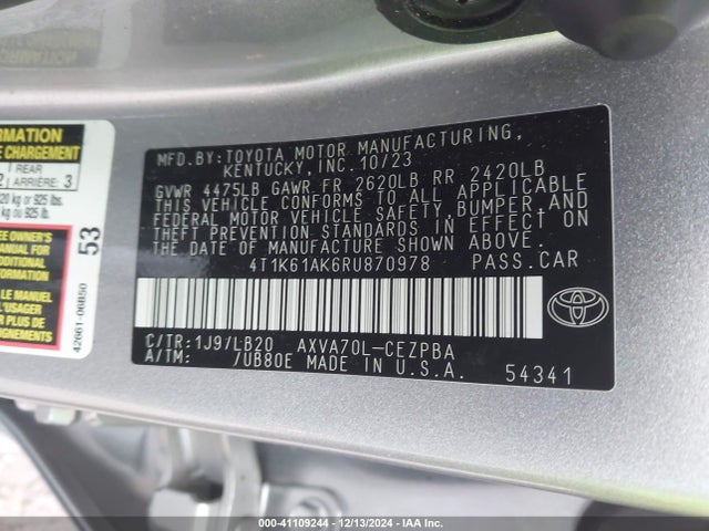 Продажа на аукционе авто 2024 Toyota Camry Xse, vin: 4T1K61AK6RU870978, номер лота: 41109244