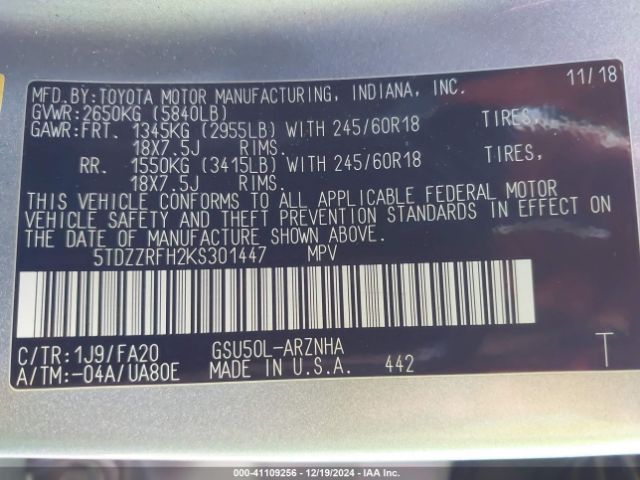 5TDZZRFH2KS301447 Toyota Highlander Le Plus