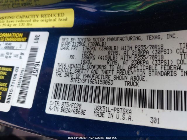 5TFEY5F18EX158063 Toyota Tundra Sr5 5.7l V8