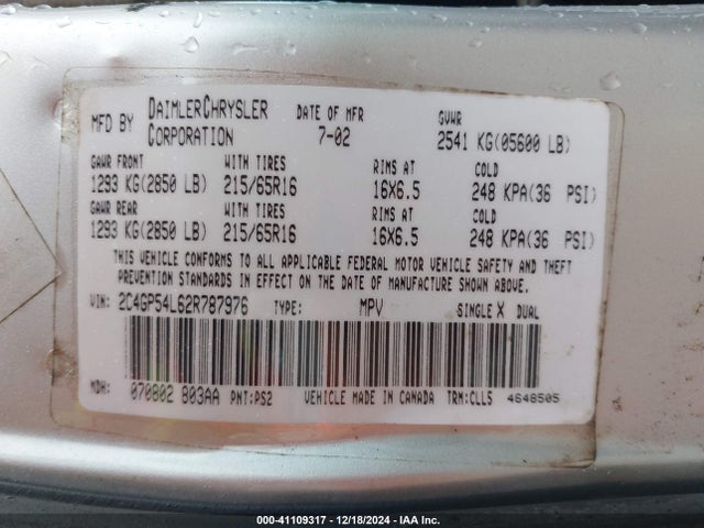 Aukcja sprzedaży 2002 Chrysler Town & Country Lxi, vin: 2C4GP54L62R787976, numer aukcji: 41109317
