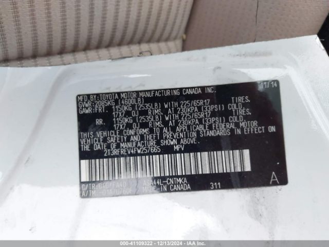 2T3RFREV4FW257665 Toyota Rav4 Xle