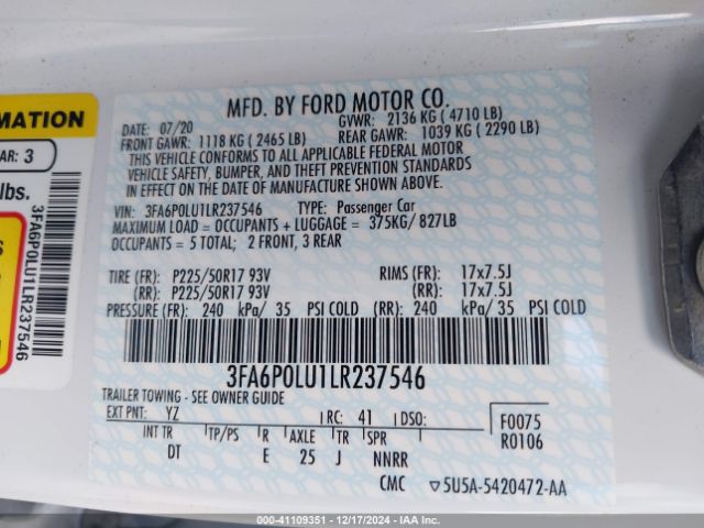 3FA6P0LU1LR237546 Ford Fusion Hybrid Se