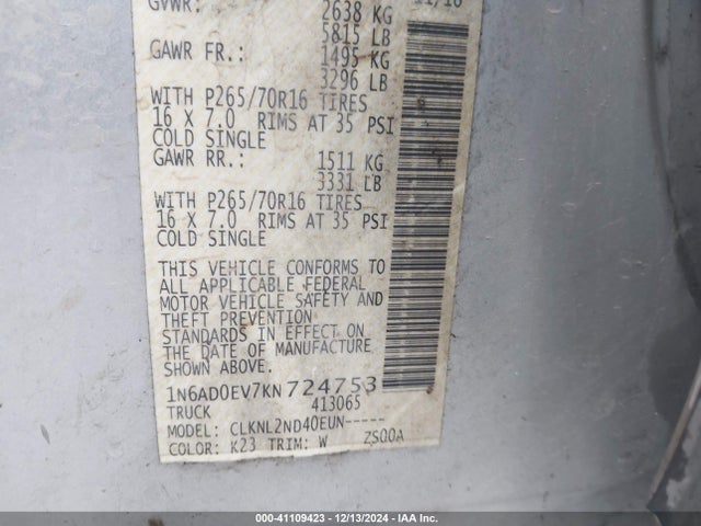 Nissan Frontier Sv 2019 1N6AD0EV7KN724753 Image 9