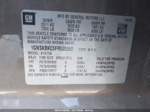 Chevrolet Tahoe Lt 2015 1GNSKBKC6FR505560 Image 9