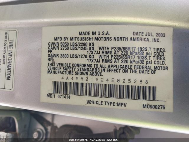 2004 MITSUBISHI ENDEAVOR 4A4MM21S24E025288 Photo 8