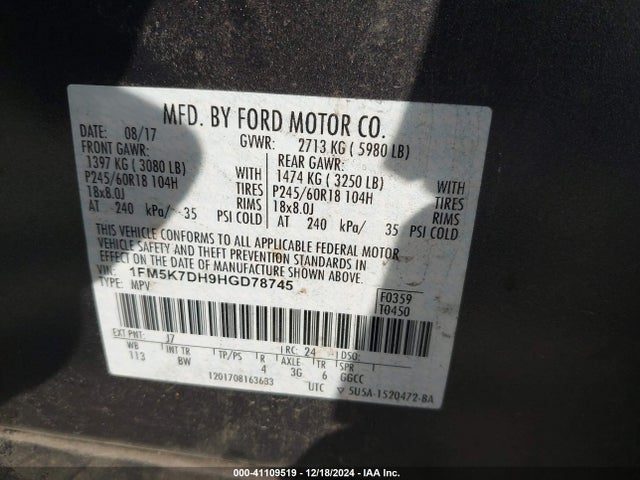 Ford EXPLORER XLT 2017 1FM5K7DH9HGD78745 Image 9