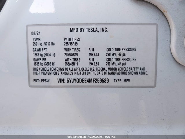 2021 TESLA MODEL Y 5YJYGDEE4MF259589 Photo 8
