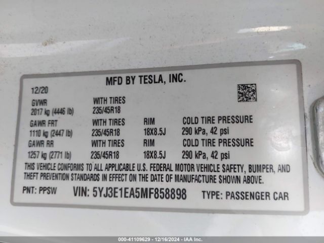 5YJ3E1EA5MF858898 Tesla Model 3 Standard Range Plus Rear-wheel Drive