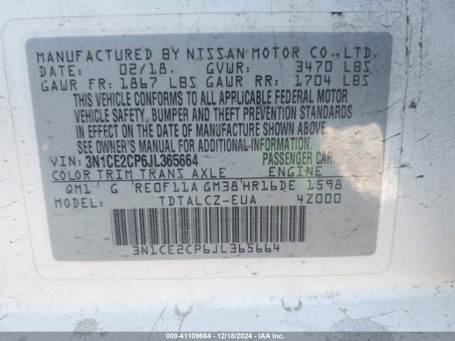 3N1CE2CP6JL365664 Nissan Versa Note S